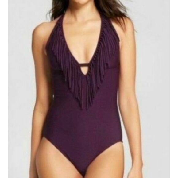 Mossimo Supply Co. Other - Mossimo Halter plum purple fringe one piece bathing suit NWT v neck swim Small